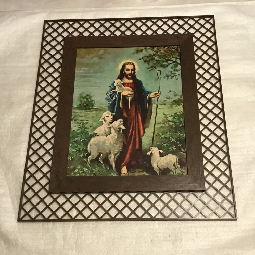 Vintage and very colorful framed print of Jesus with Sheep - Mid-Century Modern